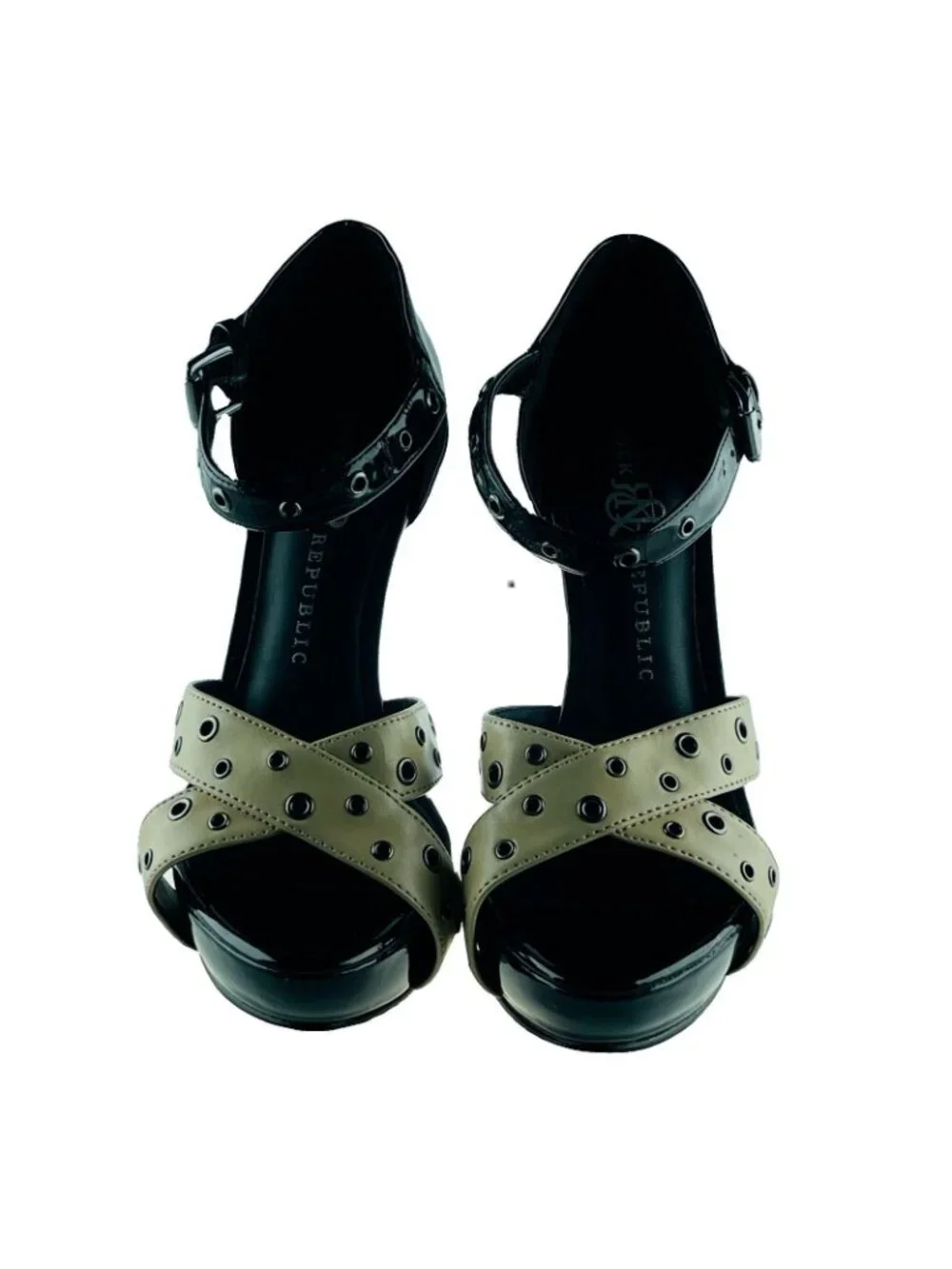 ROCK & REPUBLIC Black & Beige High Heel Studded Sandals Womens Size 8